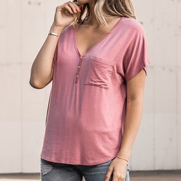 Mauve Button Up V-Neck Pocket Tee - Picture 3 of 5